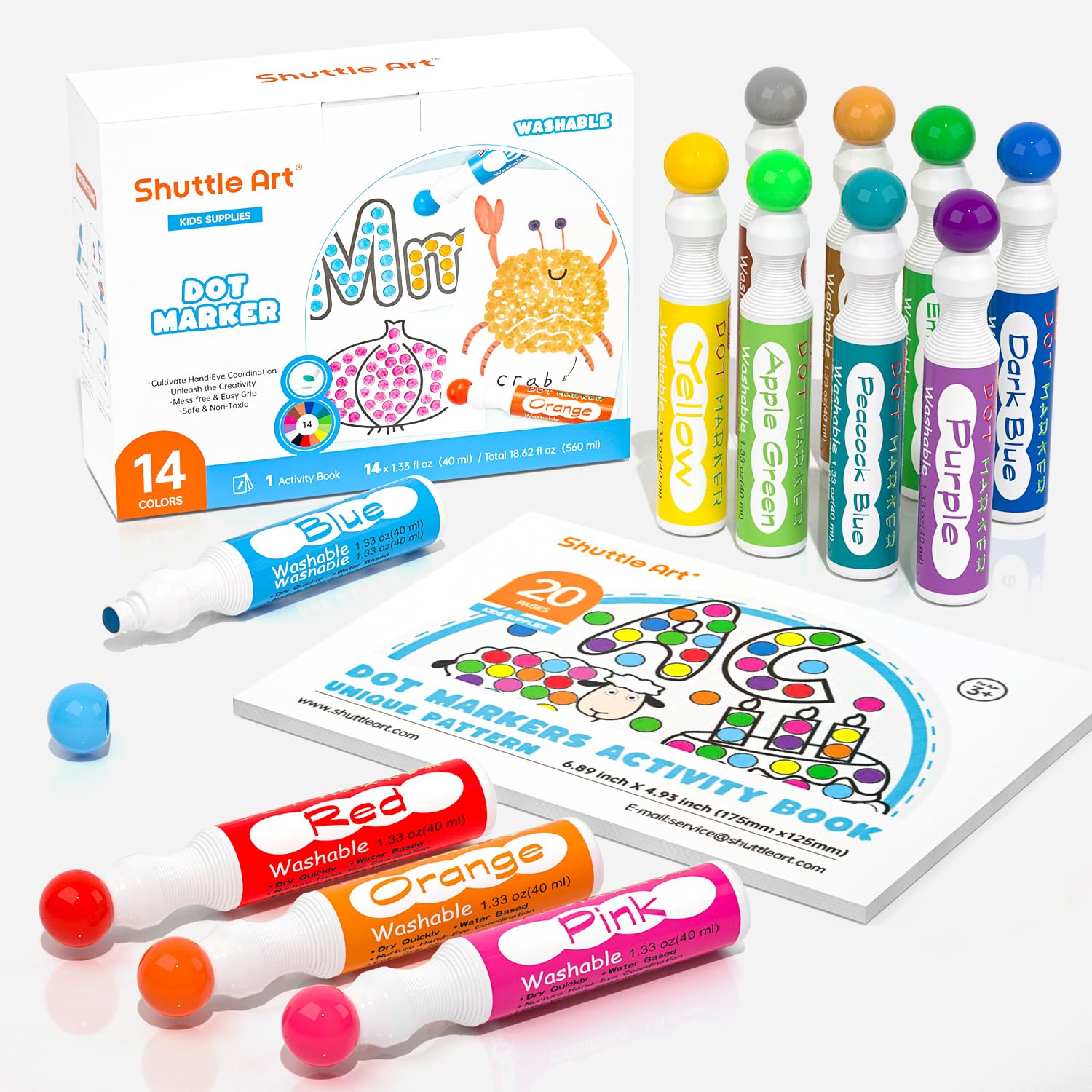 

Shuttle Art Dot Marker Washable Color Coloring Book Drawing Drawing Easy Gift Pens, Water-Based, 14-Color Set, Washable, Included, Drawing, Paper,