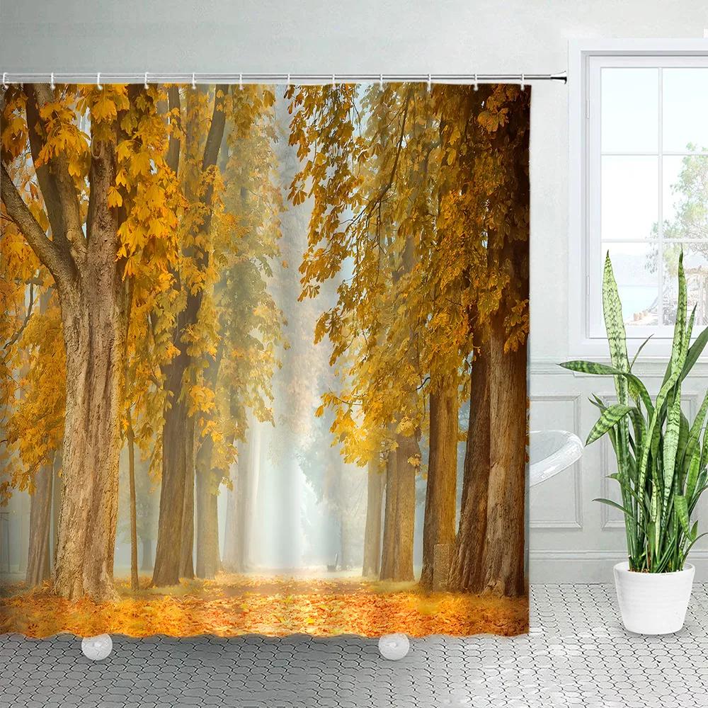 Autumn Forest Landscape Shower Curtain Maple Trees Road Plants Fallen Leaves Rural Scenery Wall Hanging Bathroom Decor Curtain
