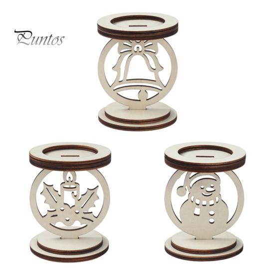 Hollow Carved Wood Decor 3Pcs Christmas Wooden Candle Holder, Detachable Tealight Stand with Indoor Holiday Party Supplies Snowman/Bell/Candle