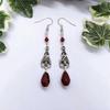 Retro Goth Red Crystal Bead Tassel Sliver Color Vampire Bat Pendant Choker Necklace Earrings Set for Men Women Hallowmas Jewelry