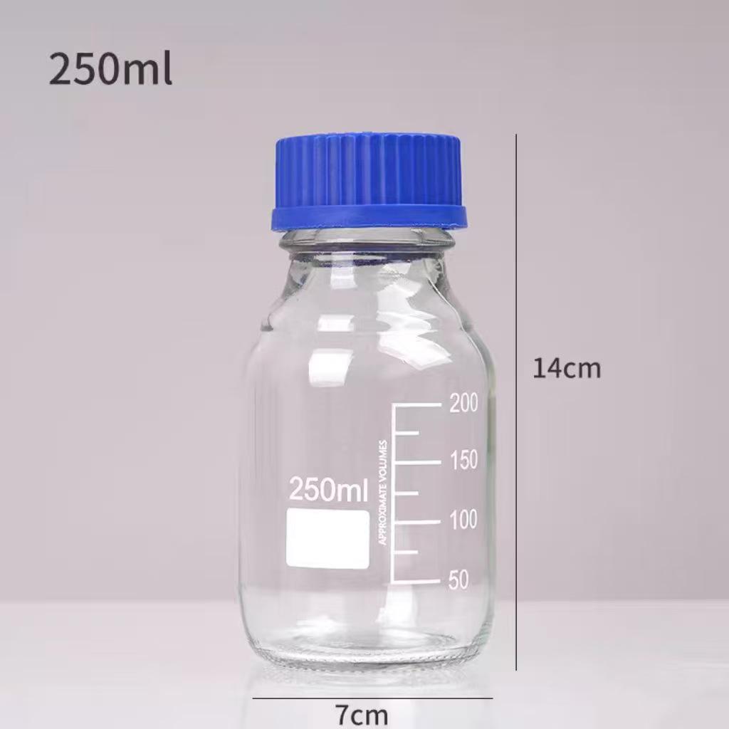 Blue Cap GL45 Threaded Glass Reagent Bottle - Transparent, Brown, Round with Scale, Sealed Sampling Lab Bottle