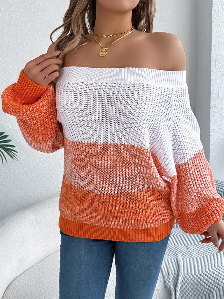 Autumn Winter Women Color Block Off Shoulder Sweater Long Sleeve Cable Knit Tops Long Sleeve Pullover Basic Fashion Elegant Clothing