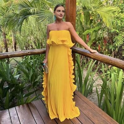 Yousheng Women's Off Shoulder Maxi Dress Summer Ruffle Pleated Swing Long Dress for Wedding Parties Travel Beach Outfit