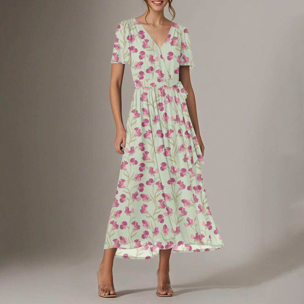 Women's Summer Floral Bohemian Dress Wrap V Neck Short Sleeves Ruffle A-Line Flowy Maxi Dress Summer Dresses For Women