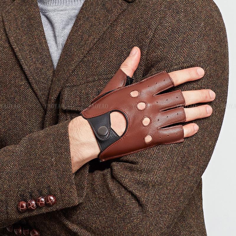 100% Genuine Leather Half-Finger Gloves for Men, Made from Genuine Sheepskin, Red/Brown/Blue, for Driving and Riding,
