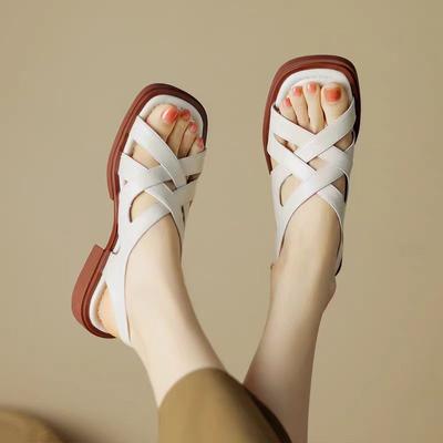 Summer Flat Bottom Large Size Ladies Sandals Women's Sandals Ankle Mid Heel Block Party Open Toe Square Shoes Women Shoes Mother Shoes