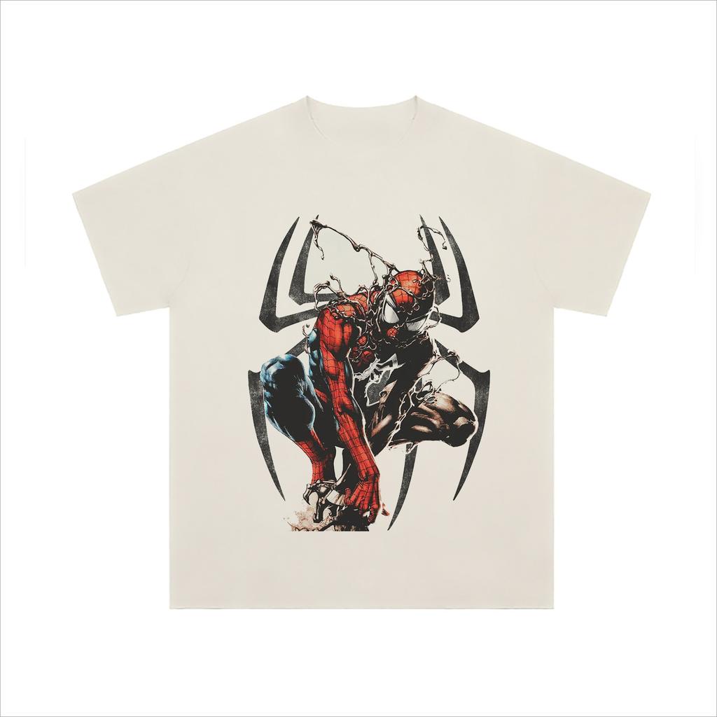 2025 Summer Marvel's Spider-Man Venom Anime Heavyweight Pure Cotton Short-sleeved Vintage American Retro O-neck T-shirt