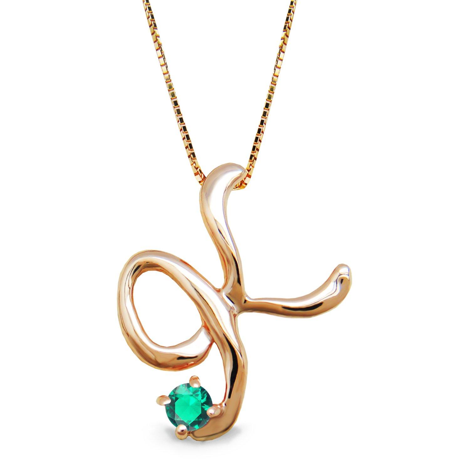 

miwahouseki Initial Pink Gold Alphabet Necklace with Selectable Birthstone May Emerald [Miwahouseki] [K]