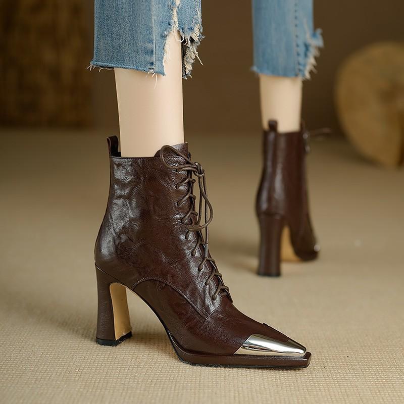 Women's Shoes 2026 New Strap Women's Shoes High Heels Metal Pointed Short Boots Hand Grip Soft Leather Brown Women's Boots