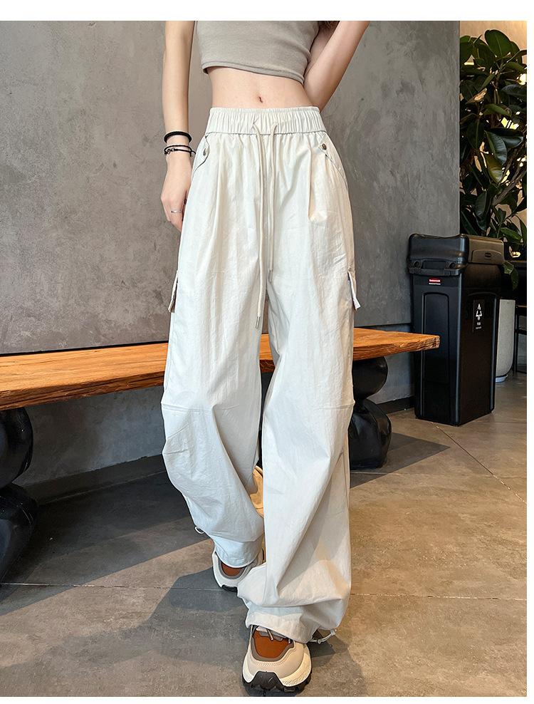 Women's High Waist Drawstring Waist Straight Leg Long Cargo Pants Casual Wide Leg Trousers