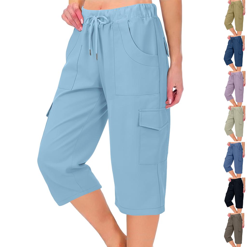 Women's Cotton Cargo Pants, Baggy Casual Lightweight Elastic Waist Trousers With Pockets For Hiking And Everyday Wear