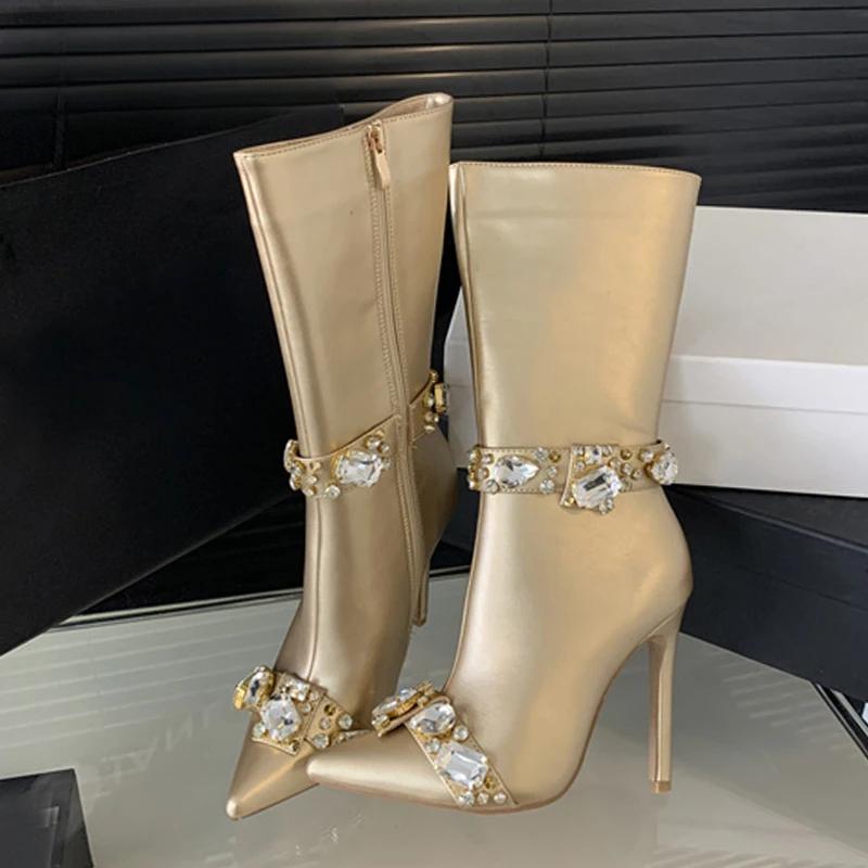 Fashion Fashion Crystal Gem Rivet Women Autumn Winter Shoes Zip Ankle Chelsea Boots Sexy Pointed Toe Party Stripper Heels Booties