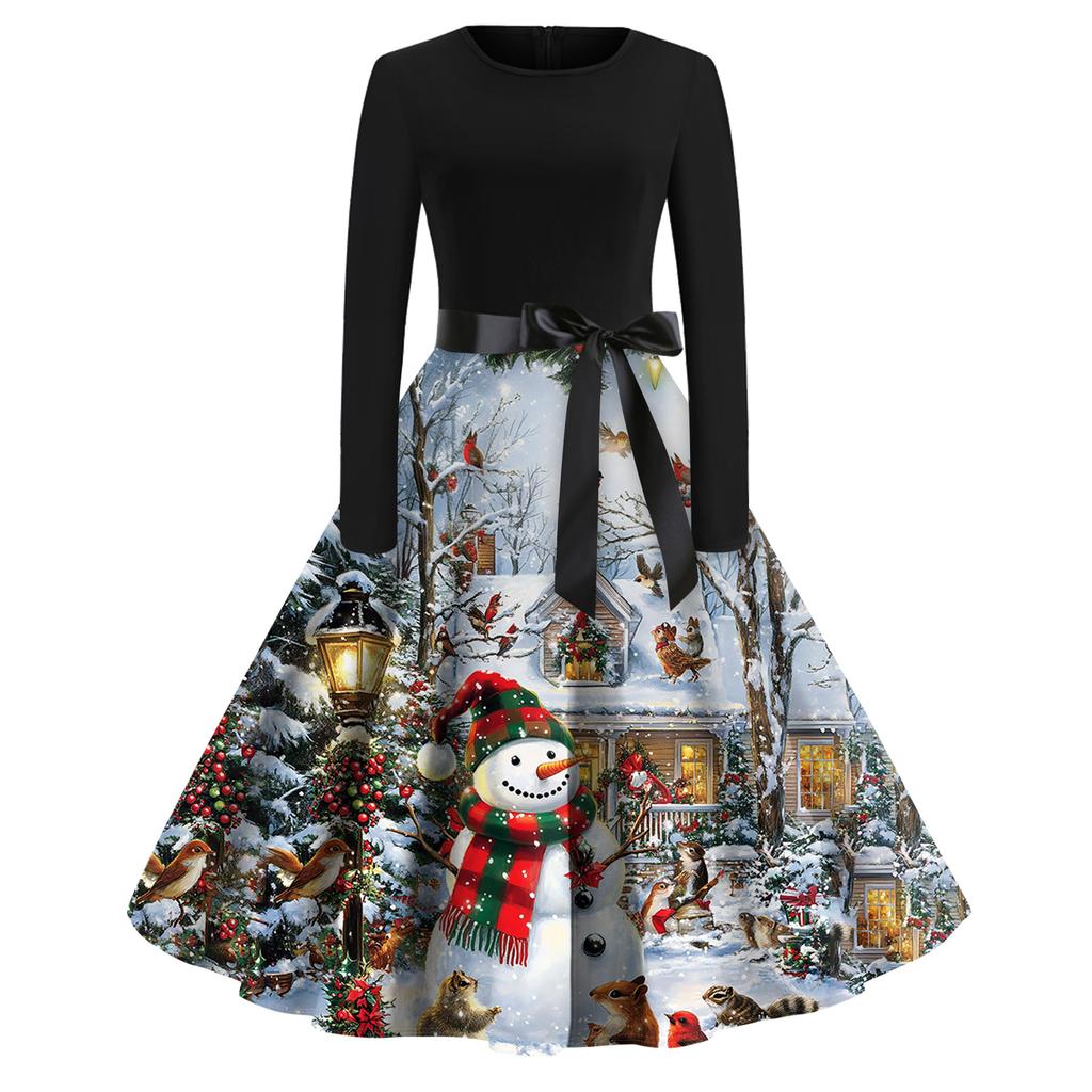 Juletrykk Flare Kjole For Dame Langermet Kjole Hule Fest Casual Kjoler