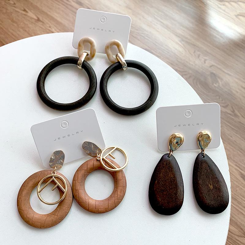 Korean Retro Geometric Wooden Stud Earrings with Metal Letter Dangle