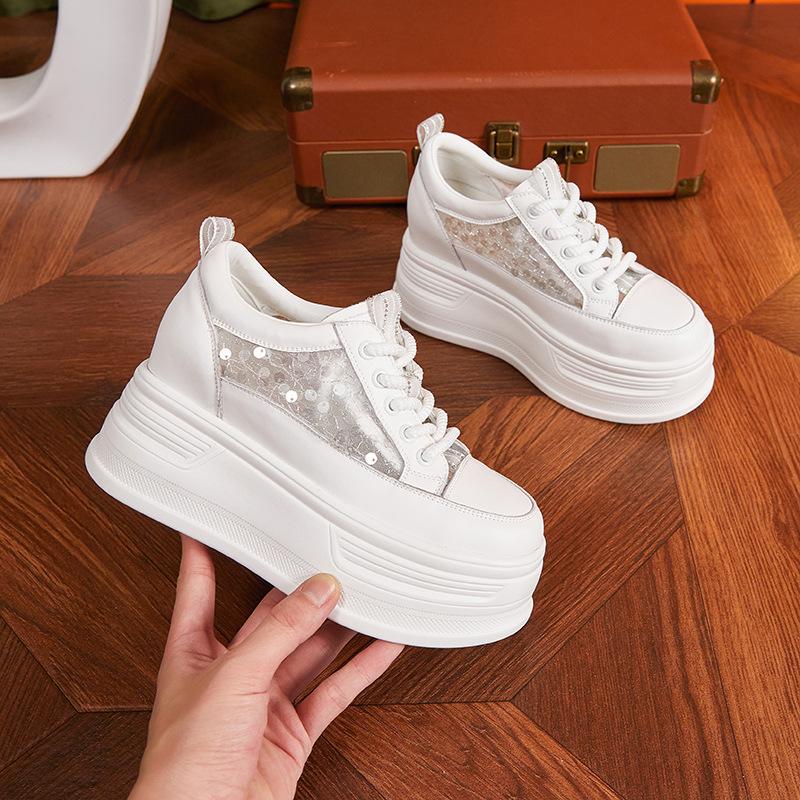 Mesh hollow white shoes women's 2025 new spring and summer breathable versatile thick-soled muffin shoes women's inner height-increasing women's shoes