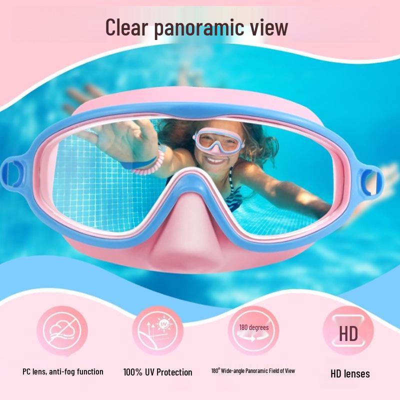 Children's Large Frame Swim Goggles with Nose Cover, Waterproof Anti-Fog, for Boys and Girls