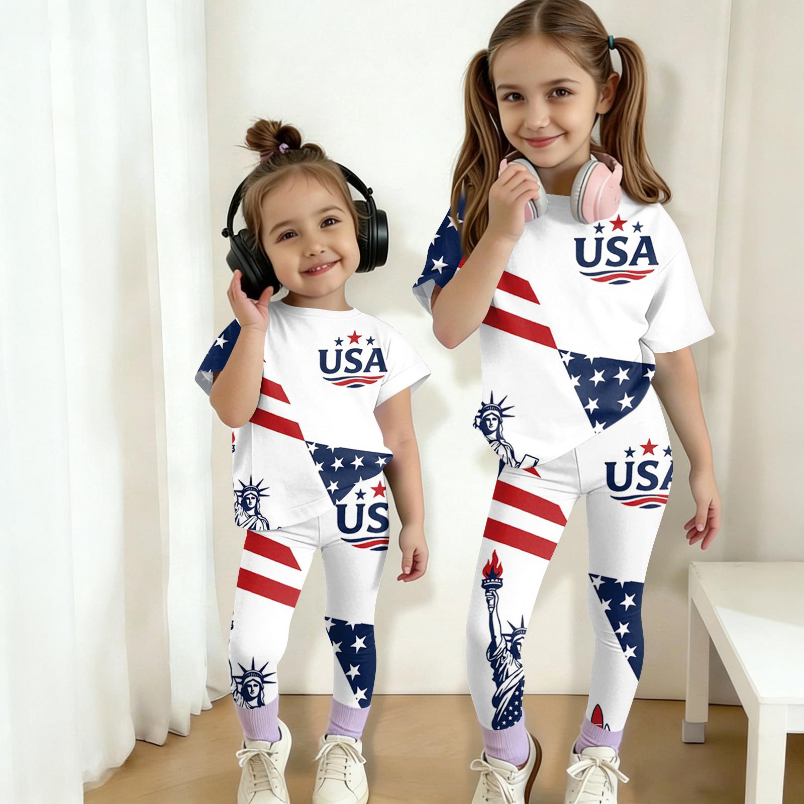 

Kids Independence Day Outfit Set Short Sleeve Top and Full Length Pants USA Themed Casual Suit for Boys and Girls 150