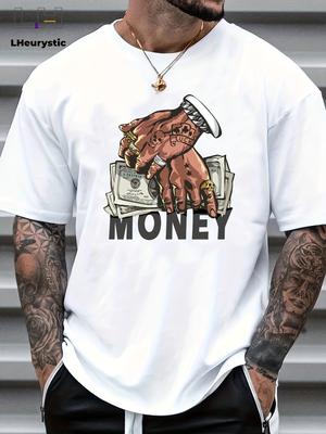 Money Pattern Printed Mens Sports Top Casual Street Style Short Sleeved Top Ideal Choice for Summer Vacation