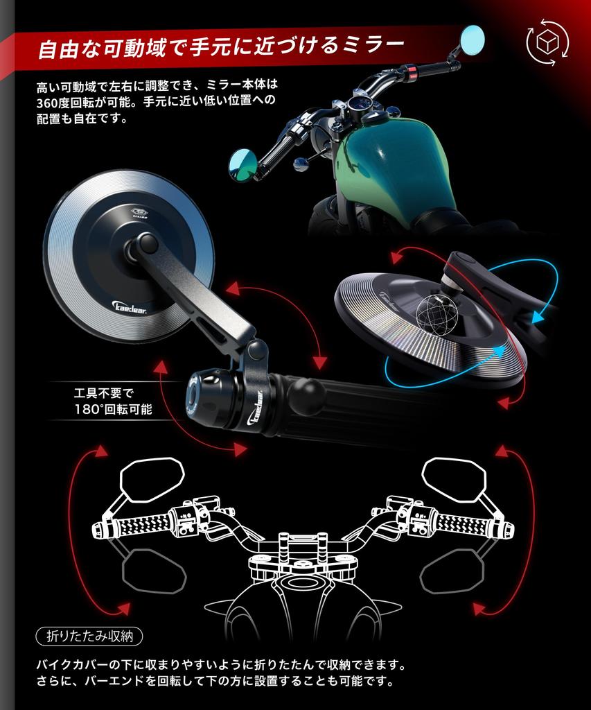 Kaedear Motorcycle Folding 10mm and Left and Right Universal Blue Aluminum Vehicle Inspection Black Super Clear Reduced CNC Rust Wide Six Vision