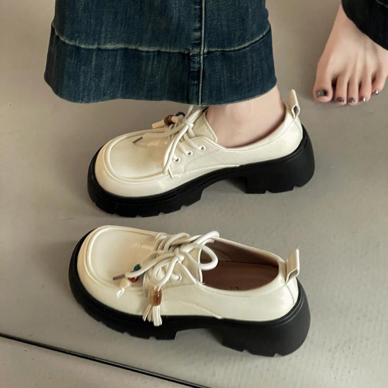 Fashion Mary Jane shoes platform heightening small leather shoes autumn and winter lace-up bag head single shoes comfortable and not tired feet lo