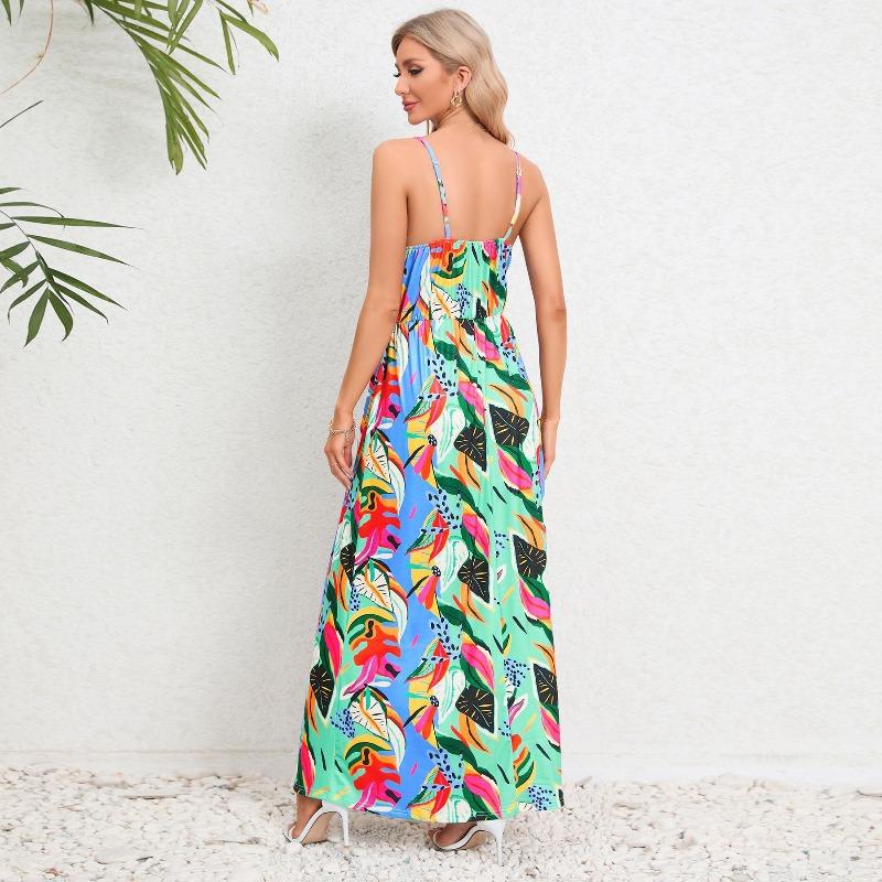 Abiti casual a vita alta con scollo a V senza maniche con stampa floreale primaverile alla moda da donna