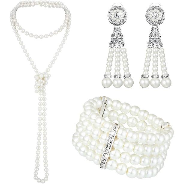 Maitys 3 Pcs 1920s Pearl Jewelry Set Halloween Flapper Accessory | Halloween Costume, Necklace Bracelet Earrings, Imitation Pearls, Christmas Vintage