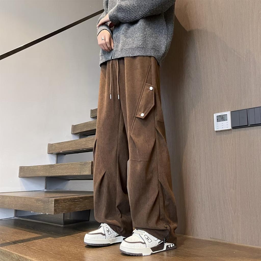American heavy pleated corduroy overalls men's autumn and winter design sense straight wide-leg pants fleece casual pants