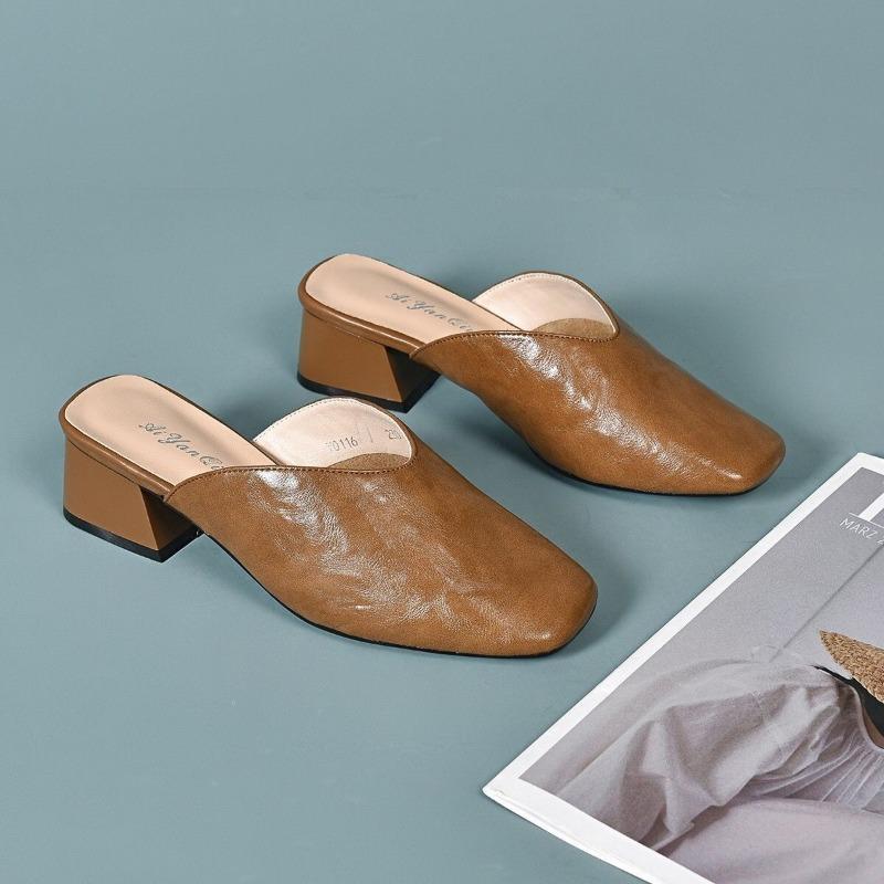 

толстый каблук квадратный носок сумка голова тапочки из кожи драпа женские универсальные босоножки на среднем каблуке женские коричневые уличные тапочки 40