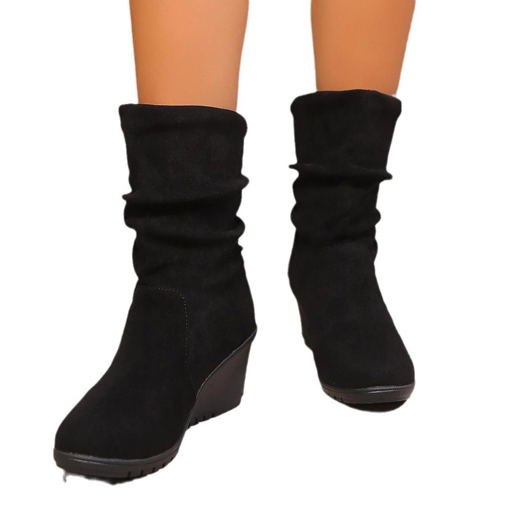 Large Size Wedge Heel Folded Medium Boots Autumn Thick-soled Suede Stacking Boots Women