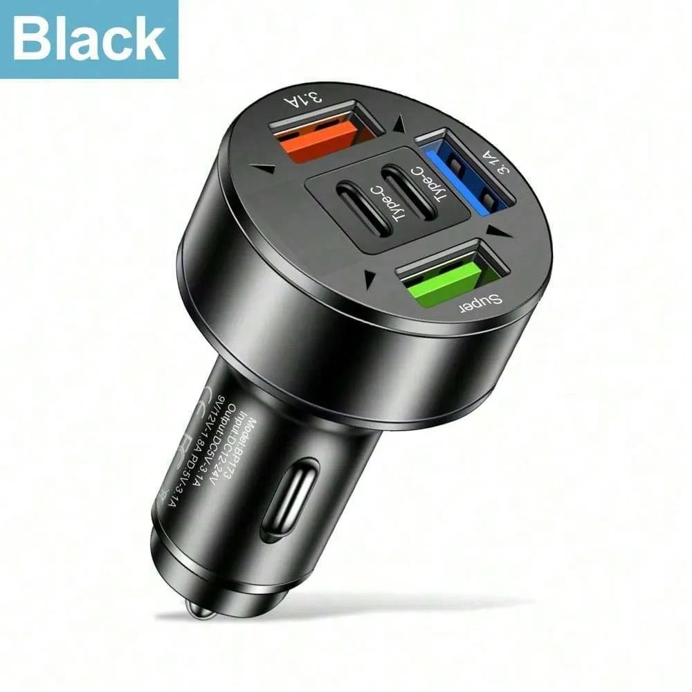 

6-Port USB Type-C Car Charger with PD Fast Charging & LED Voltage Display 12–24V чёрный
