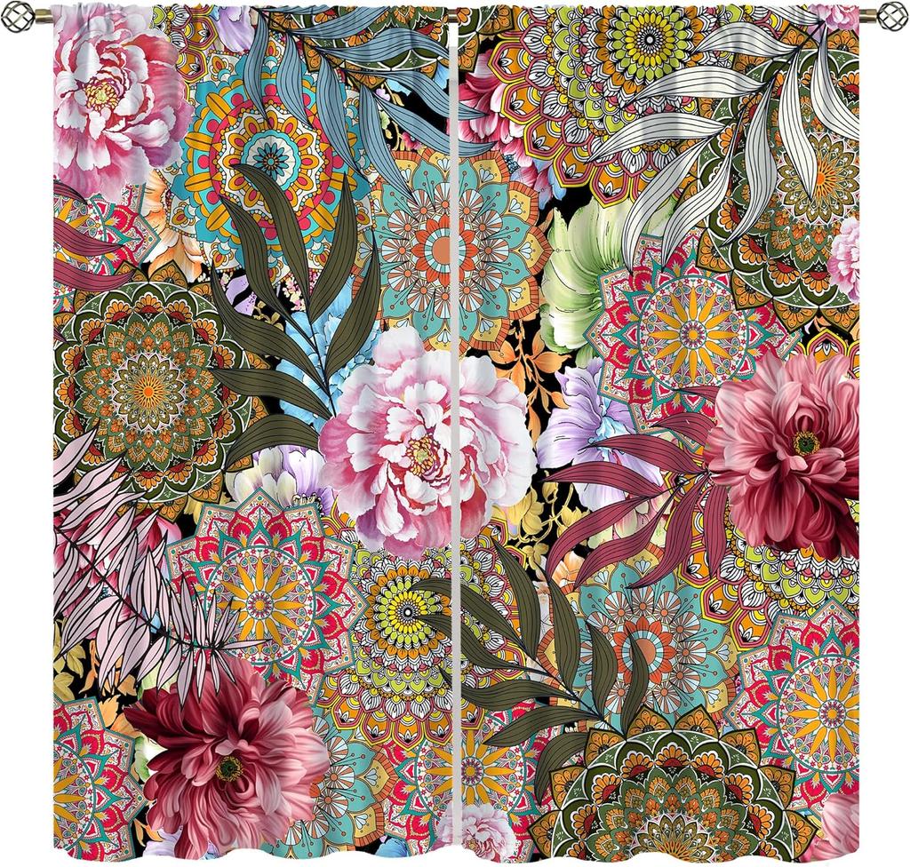 Bohemian Boho Floral Curtains Vintage Abstract Oil Painting Colourful Art Medieval Hippy Plant Flower Window Treatments Drapes Made Of Polyester
