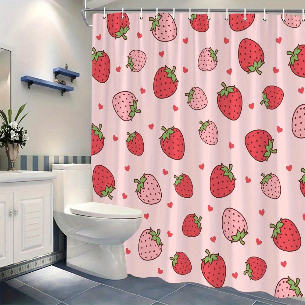 A Sweet and Whimsical Shower Curtain: Adorn Your Bathroom with This Charming Design Featuring Playful Strawberries and Hearts