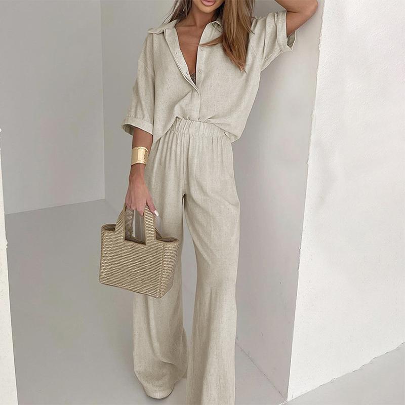 Women's Mid Sleeved Shirt and Wide Leg Pants Set with Solid Color Ruffle Decoration Women's Summer Set with Daily Casual Style Clothes