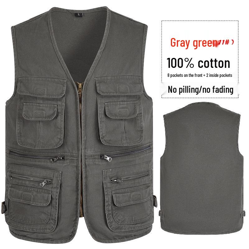 Men's Army Green Multi-Pocket Cotton Tank Top, Plus Size 10XL, Spring/Autumn Wear