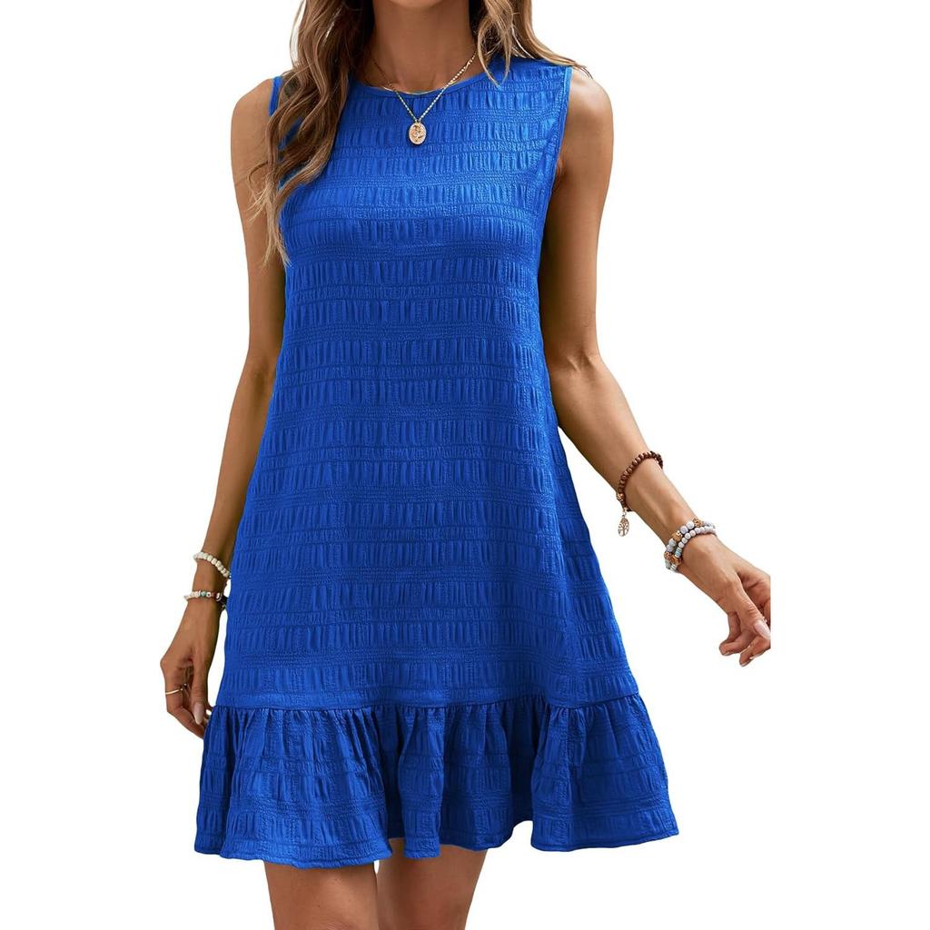 Pleated Fabric Dresses Women O Neck Pullover Sleeveless Splice Hem Dress Female Summer Comfortable Casual Commuter Gown
