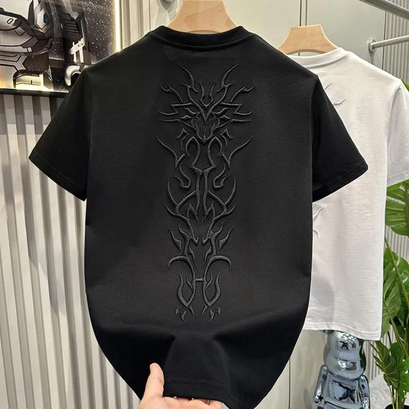 Summer Top Embroidery Neutral Short O-neck Casual Hip Hop Heavy Texture Cotton Ins Loose Men T-shirt