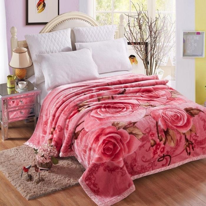 Fleece Blanket Plush Blanket King Size Heavy Mink Blanket Silky Soft and Warm 2 Ply AB Printed Raschel Bed Blanket Rose/Peony