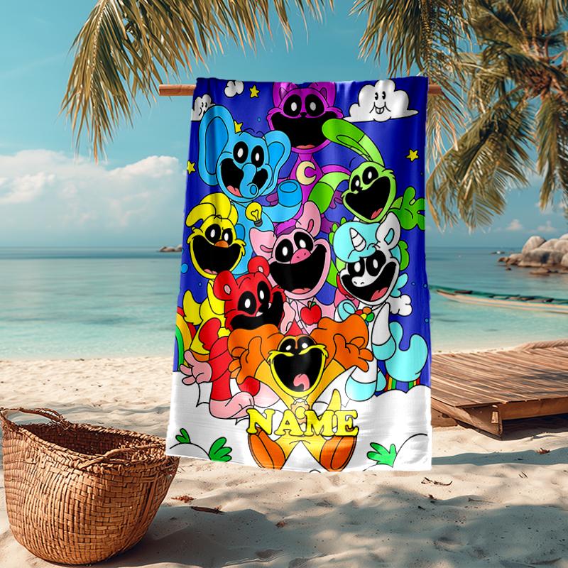 Custom Name Ultra-Soft Beach Towel with Smiling Critters Theme,Ideal for Pool - Camping, Diving - Perfect Travel Essential, Vibrant Beach Towel.