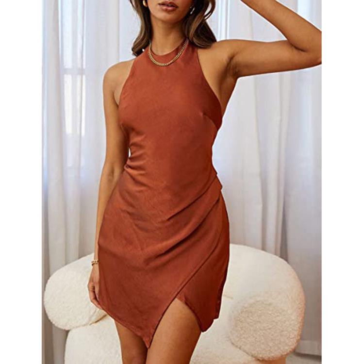 2023 Satin Halterneck Backless Slit Mini Evening Dress for Women