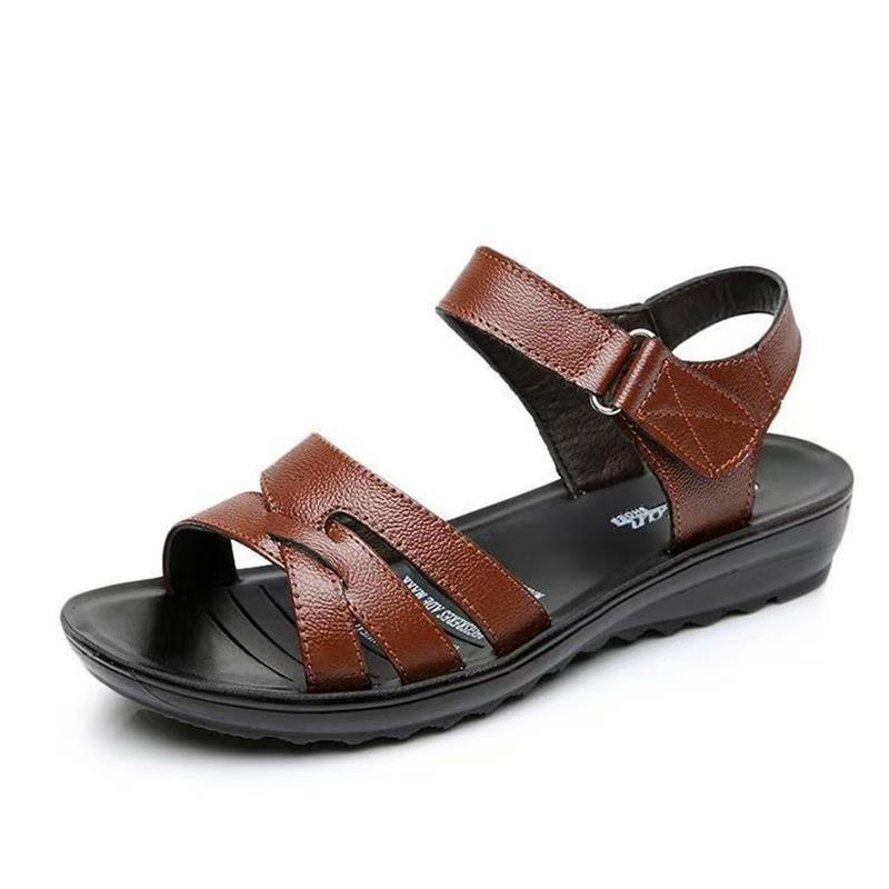 Soft Leather Mother Sandals Comfortable Soft Sole Middle-aged and Elderly Women's Sandals Flat Non-slip Elderly Sandals Women's Summer Grandma Shoes