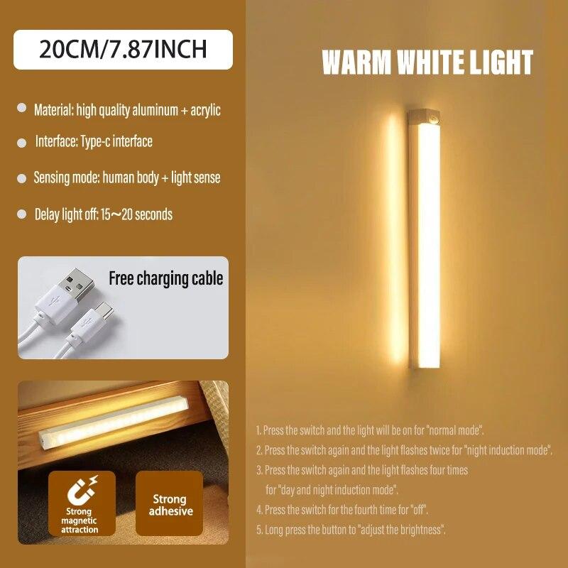 

20 см/7,87 дюйма Магнитный умный датчик освещения шкафа Перезаряжаемый ночник для домашнего шкафа Поддержка Бесконечной регулировки яркости