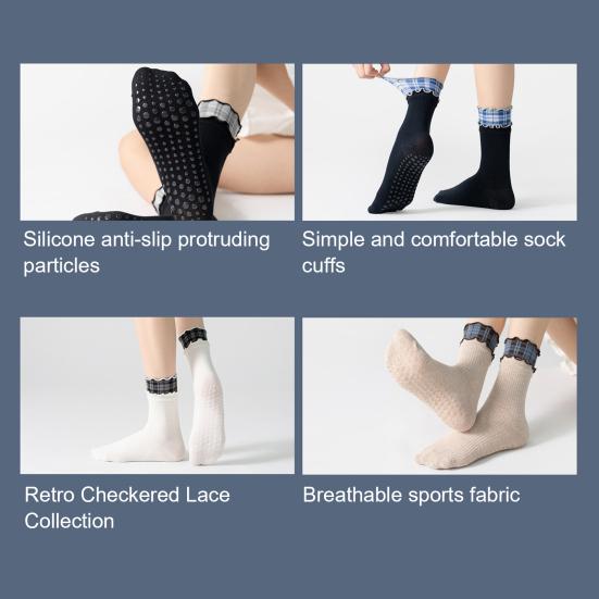 1 Pair Yoga Socks with Non-slip Gripper Double Ruffled Plaid Cuff Mid-calf Socks Women Ballet Dance Pilates Cotton Crew Socks
