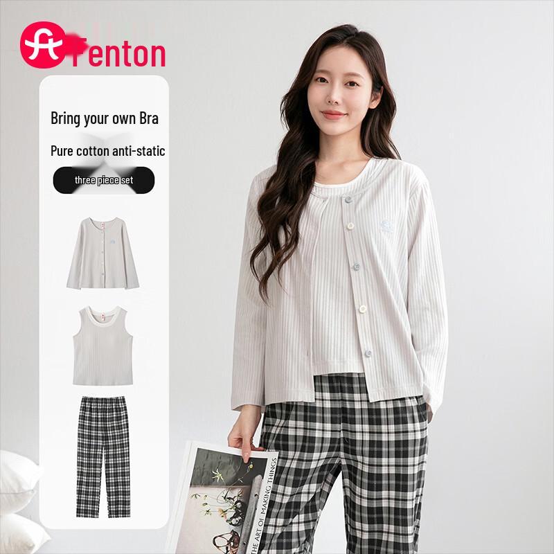 Fenteng Women s 100% Cotton 3-Piece Pajama Set with Built-in Bra XL