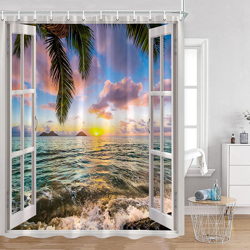 Coastal Shower Curtain Open Window View Of The Sky Clouds Rising Sun Seascape Grass Morning Scenery Bathroom Decor Set With Hook