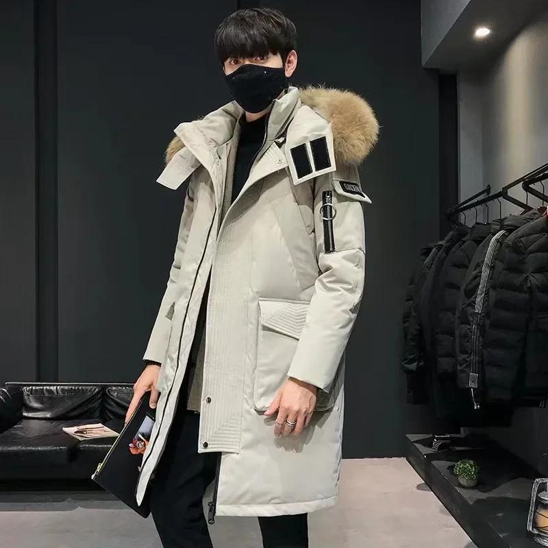 Men's Long Down Jacket with Large Fur Collar and Thick Warm White Duck Down Coat