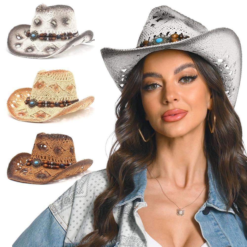 Wide Brim Cowboy Hat Ethnic Style Summer Straw Hat Retro Beach Sun Hat  for Holiday