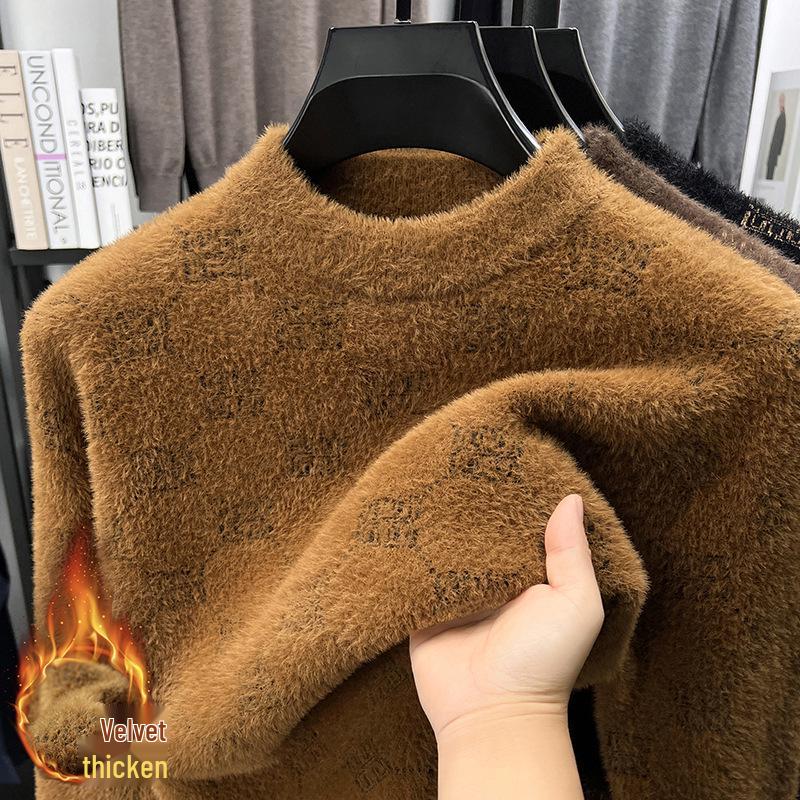 

2025 Men s Knit Round Neck Jacquard Sweater – Youth Casual, Thick Plush Lined, Warm Woolen, Versatile Base Layer L жовтий