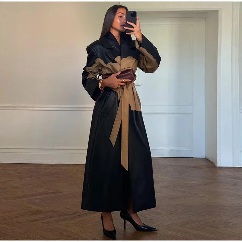 

Contrast Leather Long Women Jacket Lace Up Lapel Long Sleeve Female Maxi Pu Jackets Autumn Winter Street Pocket Lady Coat S