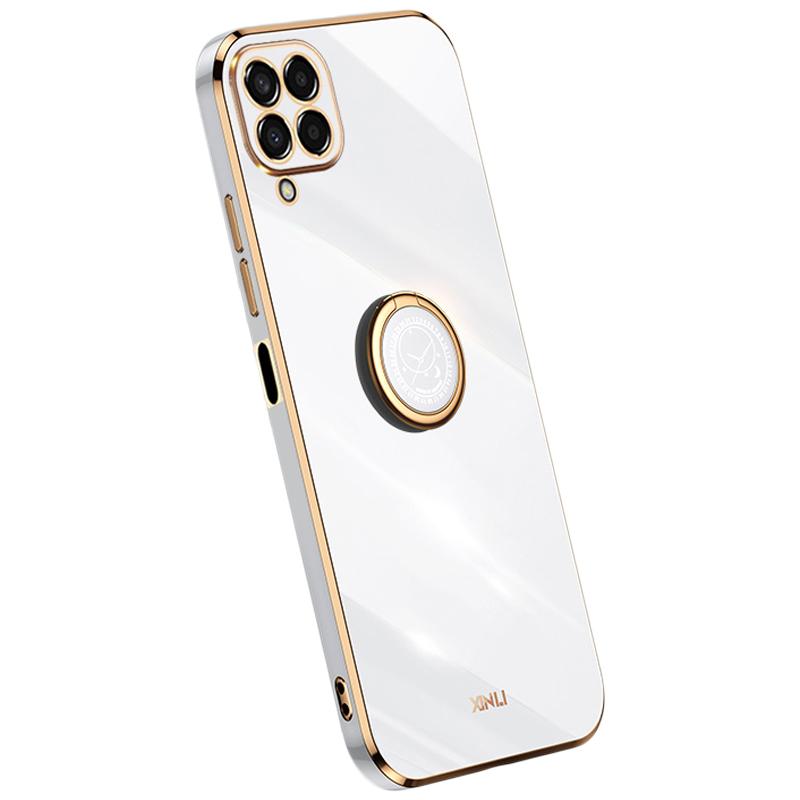 

XINLI For Samsung Galaxy M53 5G Electroplating Golden Edge Soft TPU Cover Precise Lens Cutout Phone Case with Ring Kickstand White