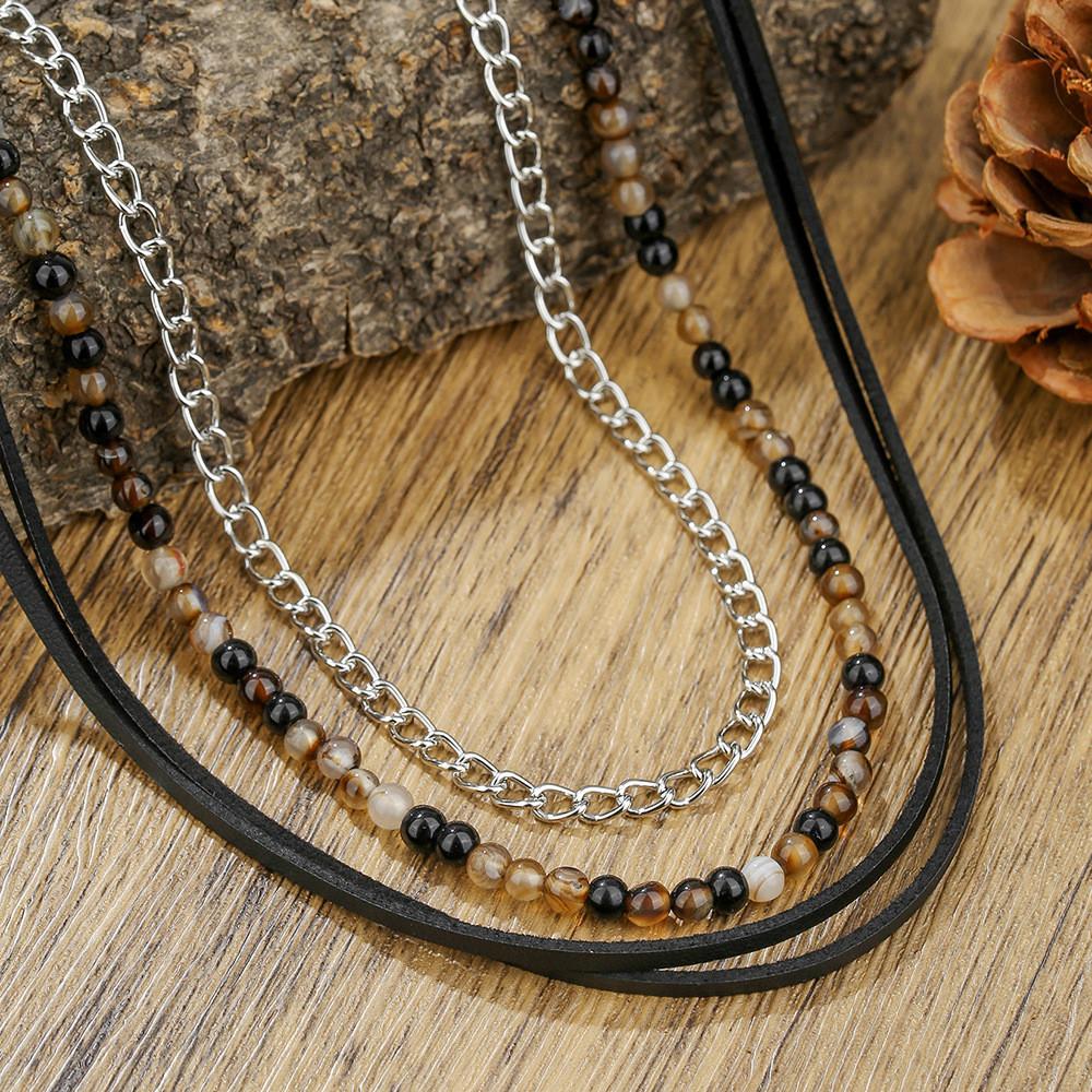 Geometric Leather Chain Necklace For Men With Handmade Design And Multilayer Style